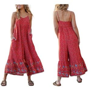 Natural Life Jamie V-Neck Jumpsuit Red Floral Border Wide Leg Boho Size Medium
